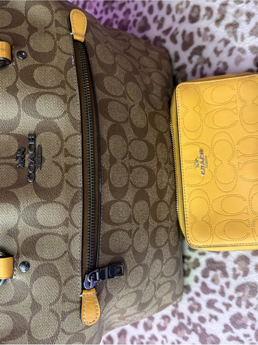 Coach Brown Signature Canvas Tote with Yellow Leather Wallet Plus shoes size 10